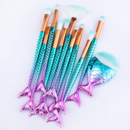 11pcs Makeup Brushes Kit – Mermaid Design, Synthetic Fiber, for Foundation, Eyeshadow, and More